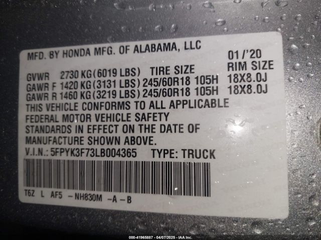 5FPYK3F73LB004365 Honda Ridgeline Rtl-e