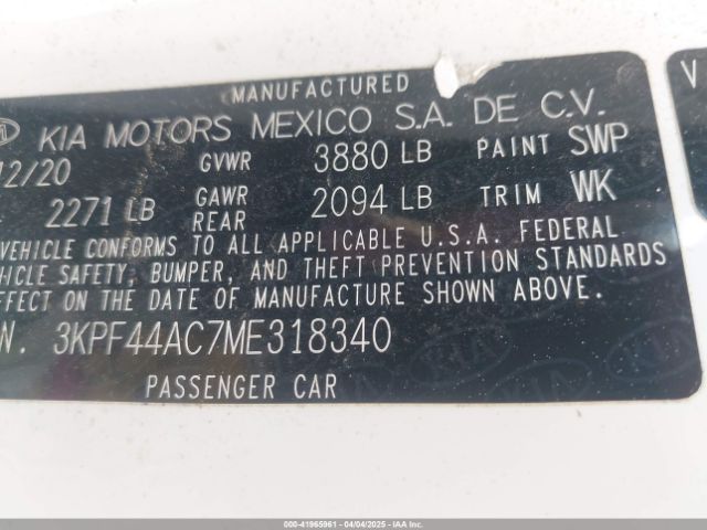 3KPF44AC7ME318340 KIA Forte Gt Manual