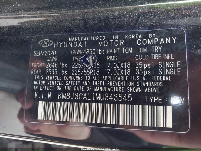 KM8J3CAL1MU343545 Hyundai gdi theta ii