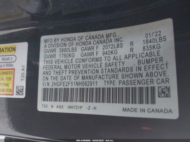 2HGFE2F51NH562911 Honda Civic Sport