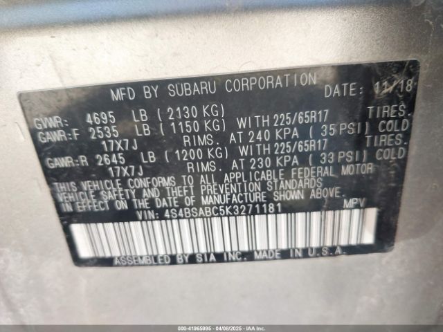 4S4BSABC5K3271181 Subaru Outback 2.5i