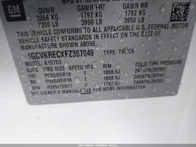 1GCVKRECXFZ357049 Chevrolet Silverado 1500 1lt