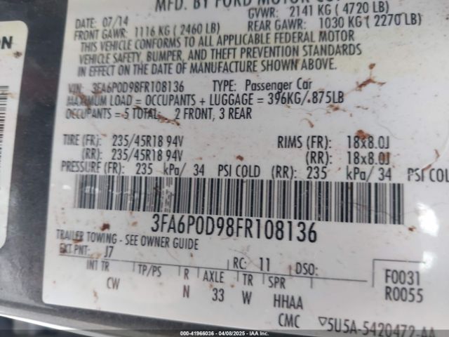 3FA6P0D98FR108136 Ford Fusion Titanium