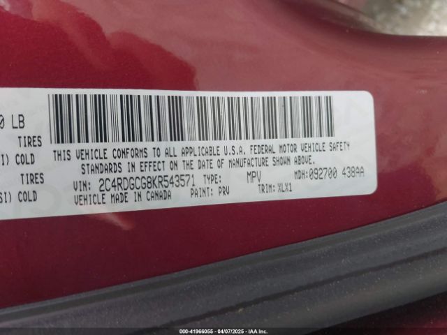 2C4RDGCG8KR543571 Dodge Grand Caravan Sxt