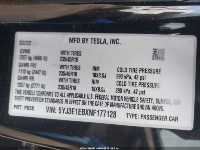 5YJ3E1EBXNF177128 Tesla Model 3 Long Range Dual Motor All-wheel Drive