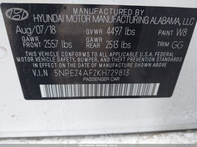 5NPE24AF2KH729813 Hyundai SONATA SE