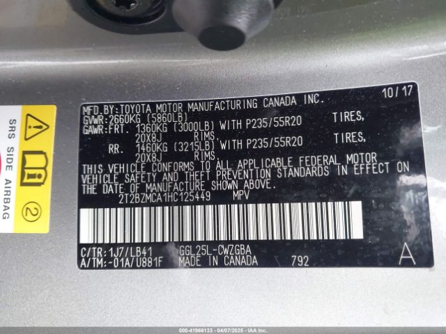 2T2BZMCA1HC125449 Lexus RX 350