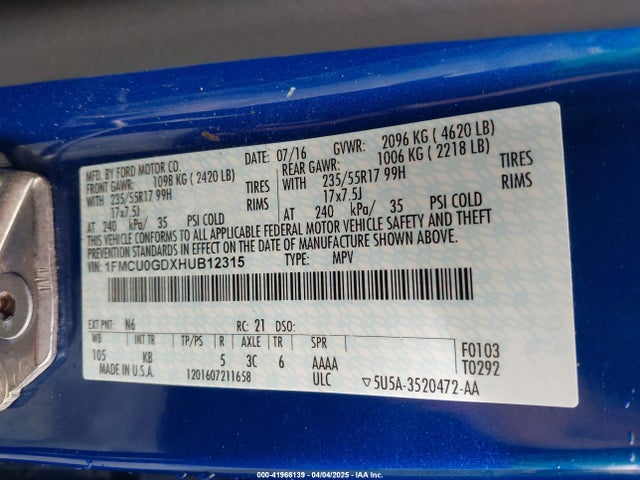1FMCU0GDXHUB12315 Ford ESCAPE SE