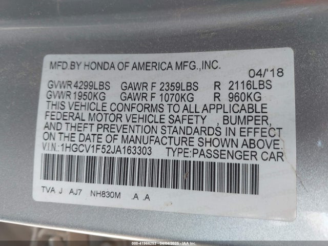 1HGCV1F52JA163303 Honda Accord Ex-l