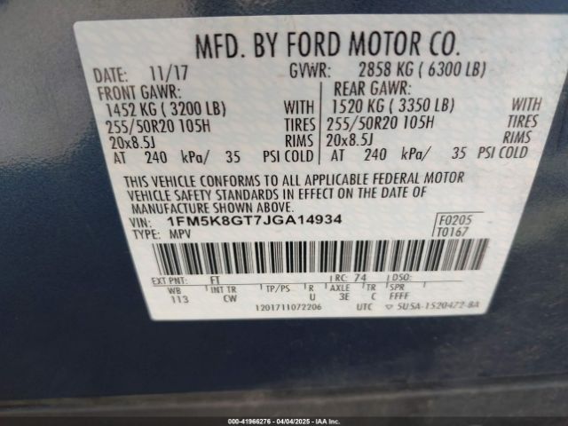 1FM5K8GT7JGA14934 Ford EXPLORER SPORT