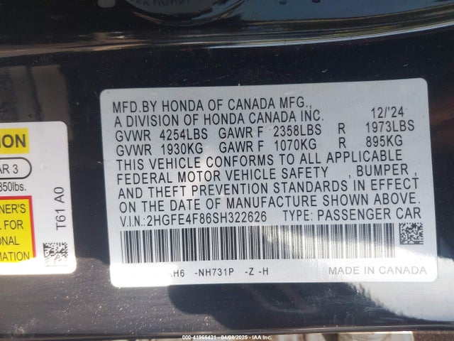 2HGFE4F86SH322626 Honda lfc3