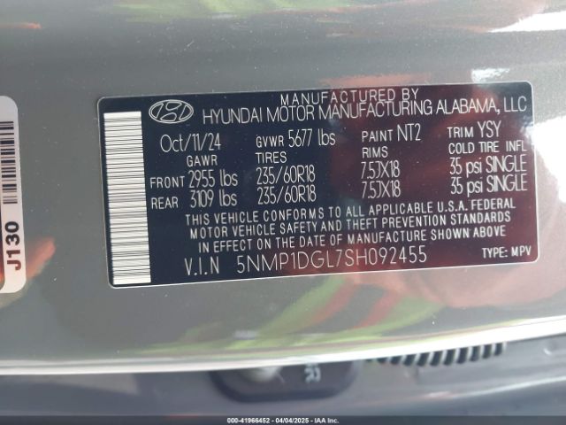 5NMP1DGL7SH092455 Hyundai Santa Fe Se