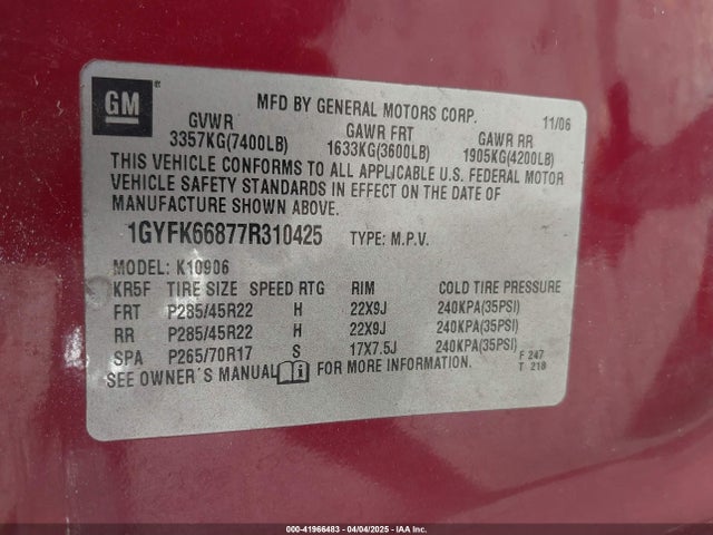 2007 CADILLAC ESCALADE ESV 1GYFK66877R310425 Photo 8