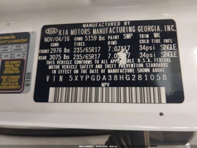 5XYPGDA38HG281058 KIA Sorento 2.4l Lx