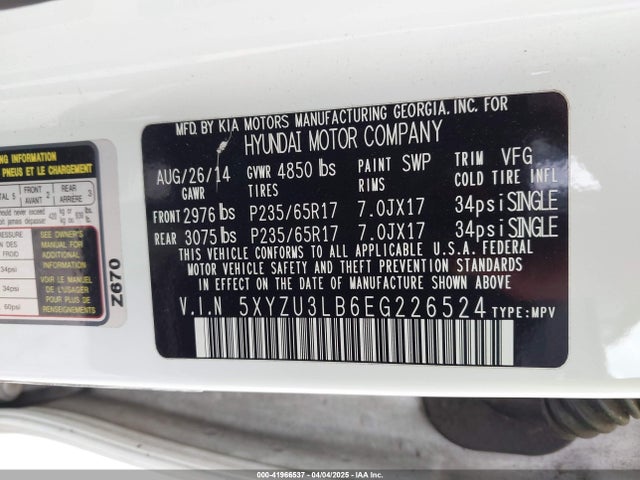 5XYZU3LB6EG226524 Hyundai Santa Fe Sport 2.4l