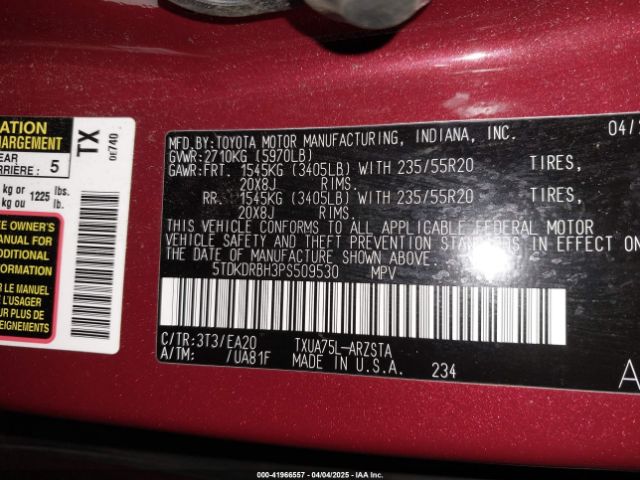 5TDKDRBH3PS509530 Toyota Highlander Xse