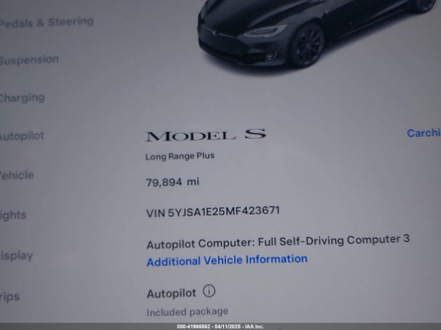 5YJSA1E25MF423671 Tesla Model S Long Range Dual Motor All-wheel Drive/long Range Plus Dual Motor All-wheel Drive