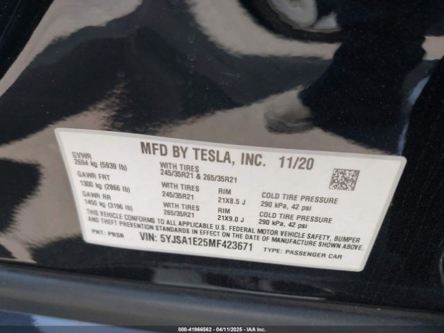 5YJSA1E25MF423671 Tesla Model S Long Range Dual Motor All-wheel Drive/long Range Plus Dual Motor All-wheel Drive
