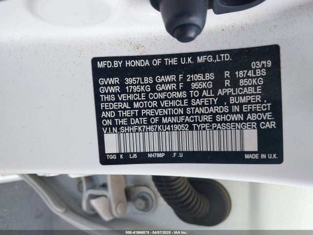 SHHFK7H67KU419052 Honda CIVIC EX