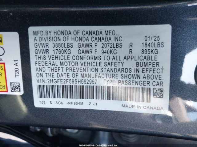 2HGFE2F59SH562957 Honda Civic Sport