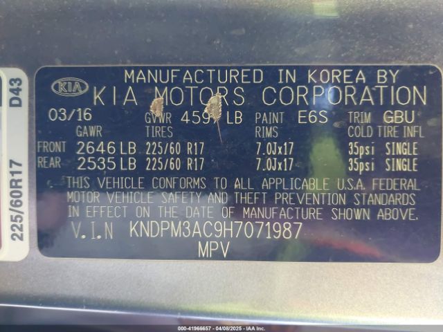 KNDPM3AC9H7071987 KIA Sportage Lx