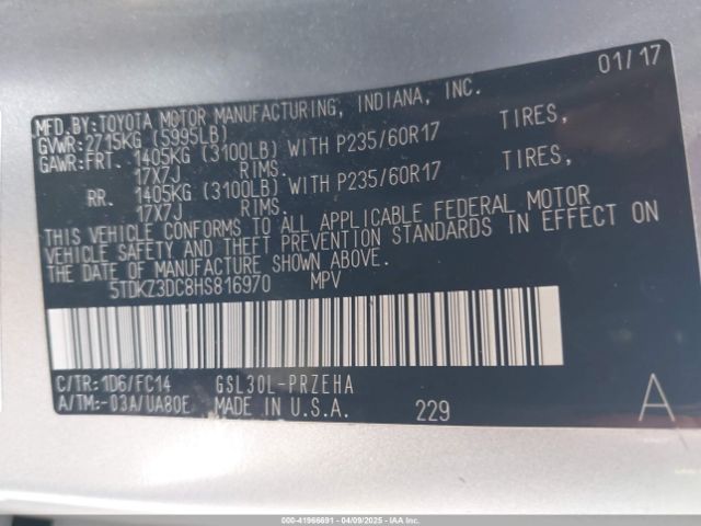 5TDKZ3DC8HS816970 Toyota Sienna Le 8 Passenger