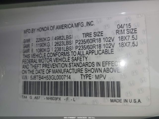 5J8TB4H53GL000714 Acura Rdx Technology   Acurawatch Plus Packages/technology Package