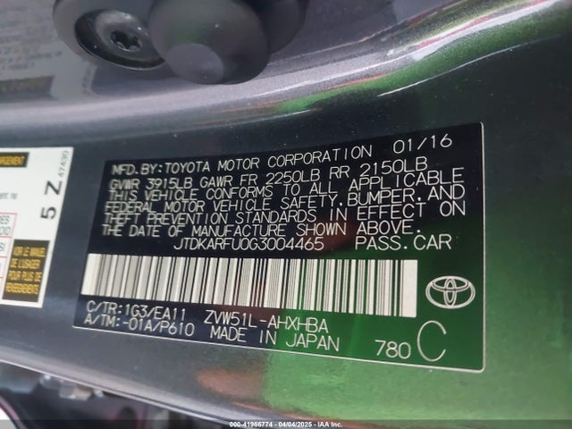 Toyota 2zr-fxe,1nm 2016 JTDKARFU0G3004465 Image 9