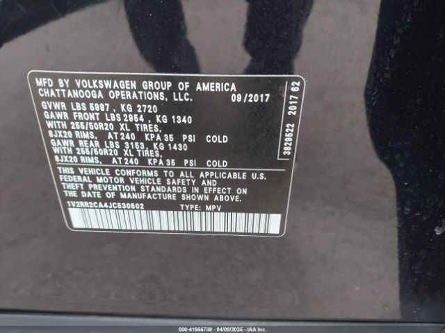 1V2RR2CA4JC530502 Volkswagen Atlas 3.6l V6 Sel