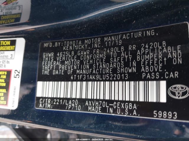 4T1F31AK9LU522013 Toyota Camry Xle Hybrid