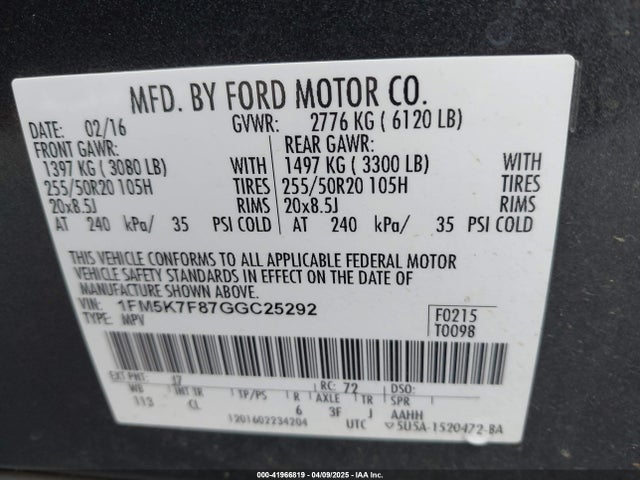 1FM5K7F87GGC25292 Ford Explorer Limited