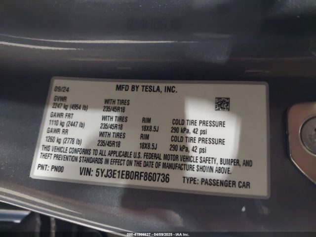 5YJ3E1EB0RF860736 Tesla Model 3 Long Range Dual Motor All-wheel Drive
