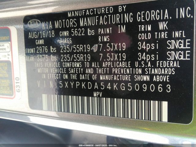 5XYPKDA54KG509063 KIA Sorento 3.3l Sxl
