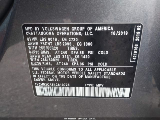 1V2MR2CA5KC610726 Volkswagen Atlas 3.6l V6 Sel