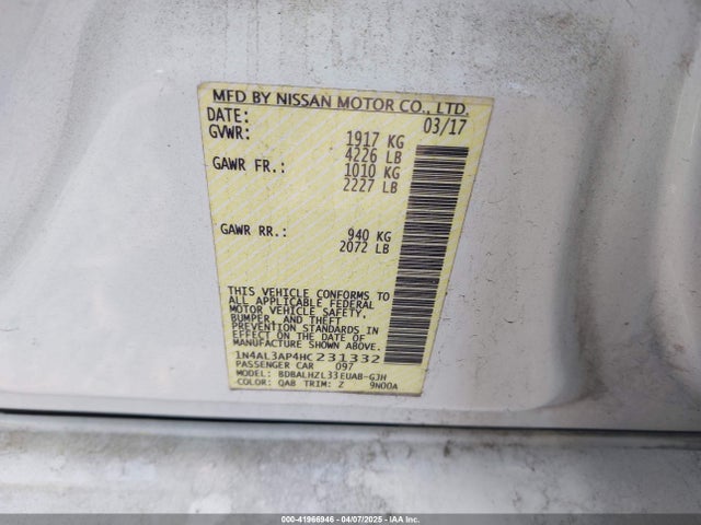 1N4AL3AP4HC231332 Nissan Altima 2.5 Sr