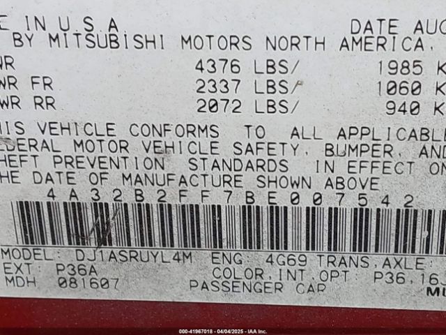 2011 MITSUBISHI GALANT 4A32B2FF7BE007542 Photo 8