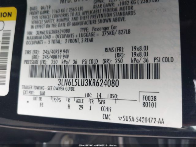 3LN6L5LU3KR624080 Lincoln Mkz Hybrid Reserve I