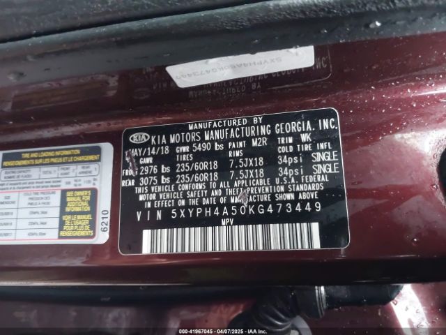 5XYPH4A50KG473449 KIA Sorento 3.3l Ex