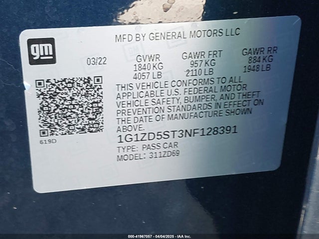1G1ZD5ST3NF128391 Chevrolet Malibu Fwd Lt