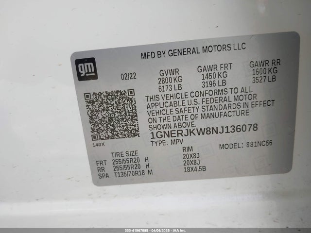 1GNERJKW8NJ136078 Chevrolet Traverse Fwd Rs