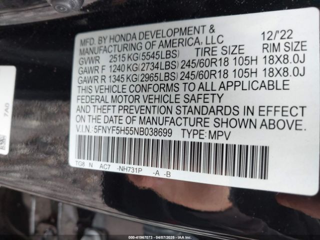 5FNYF5H55NB038699 Honda Pilot 2wd Ex-l