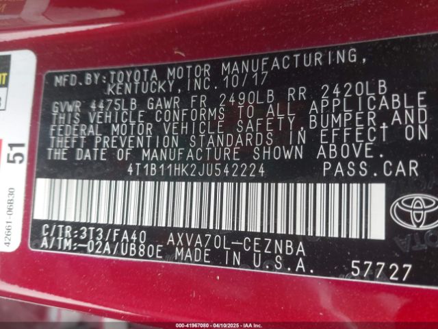 2018 TOYOTA CAMRY 4T1B11HK2JU542224 Photo 8