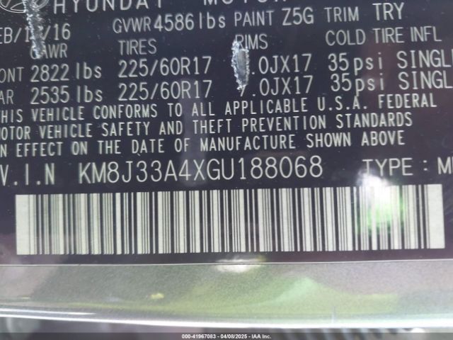 KM8J33A4XGU188068 Hyundai TUCSON SE
