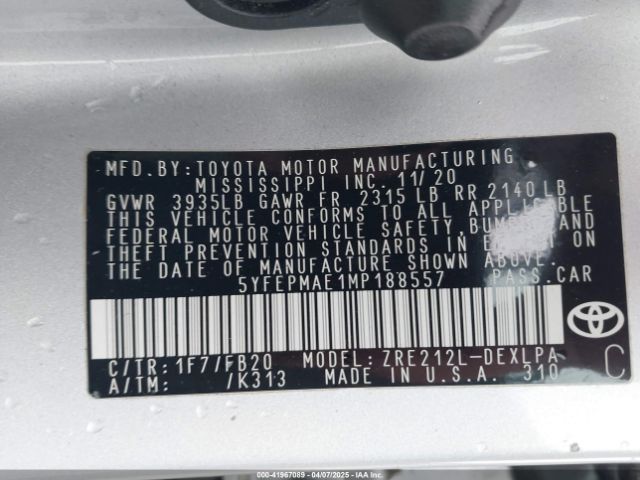 5YFEPMAE1MP188557 Toyota COROLLA LE