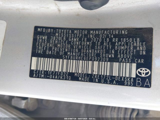 5YFBURHE6EP092309 Toyota Corolla S Plus