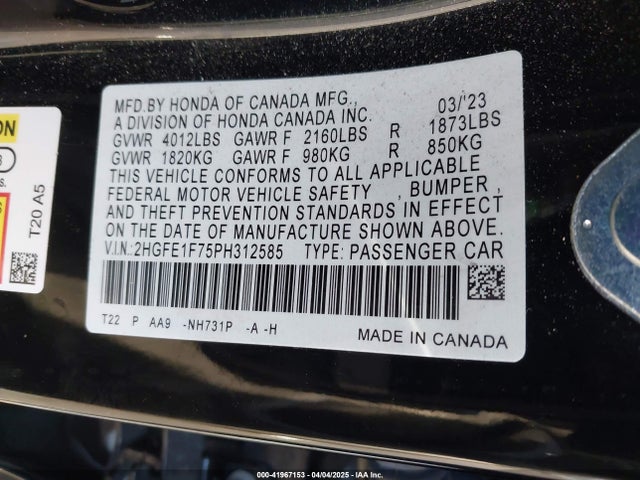 Honda Civic Ex /ex W/o Bsi 2023 2HGFE1F75PH312585 Image 9