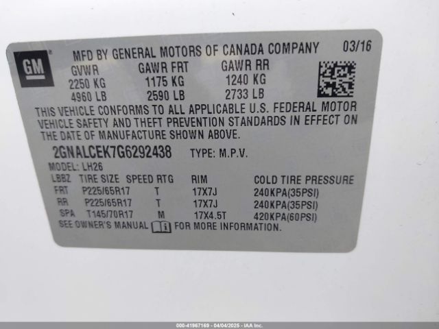 2GNALCEK7G6292438 Chevrolet EQUINOX LT