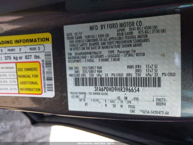 3FA6P0HD9HR396654 Ford FUSION SE