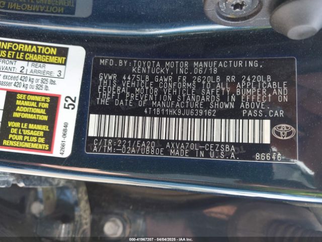 4T1B11HK9JU639162 Toyota CAMRY SE