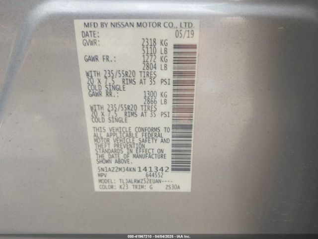 5N1AZ2MJ4KN141342 Nissan MURANO SL